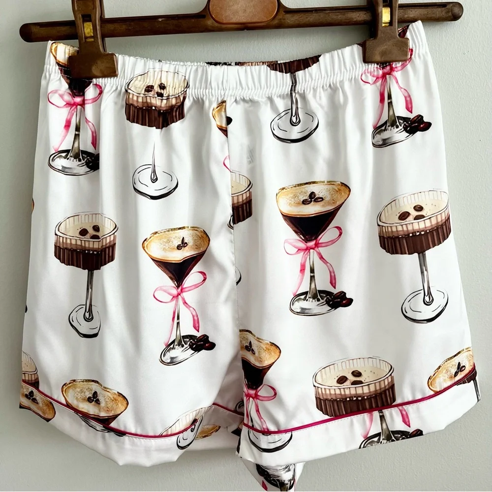 White Espresso Martini Cocktail Print Short Sleeve Pajama Set with Pink Trim